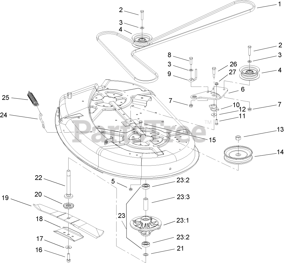 Toro Parts on the 42 INCH DECK SPINDLE AND BELT DRIVE ASSEMBLY Diagram