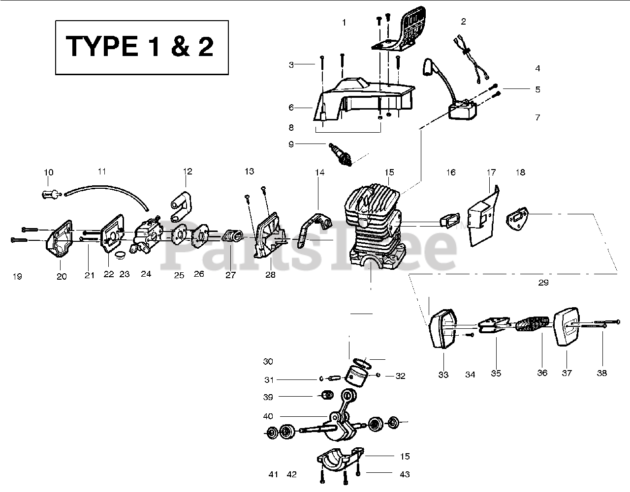 Poulan 2900 - Poulan Chainsaw, Type 1 (2008-07) Engine - Type 1-2 Parts 