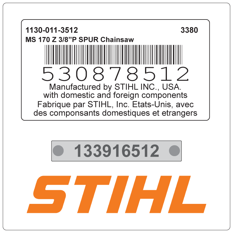 examples of what Stihl model tags usually look like and a large Stihl logo